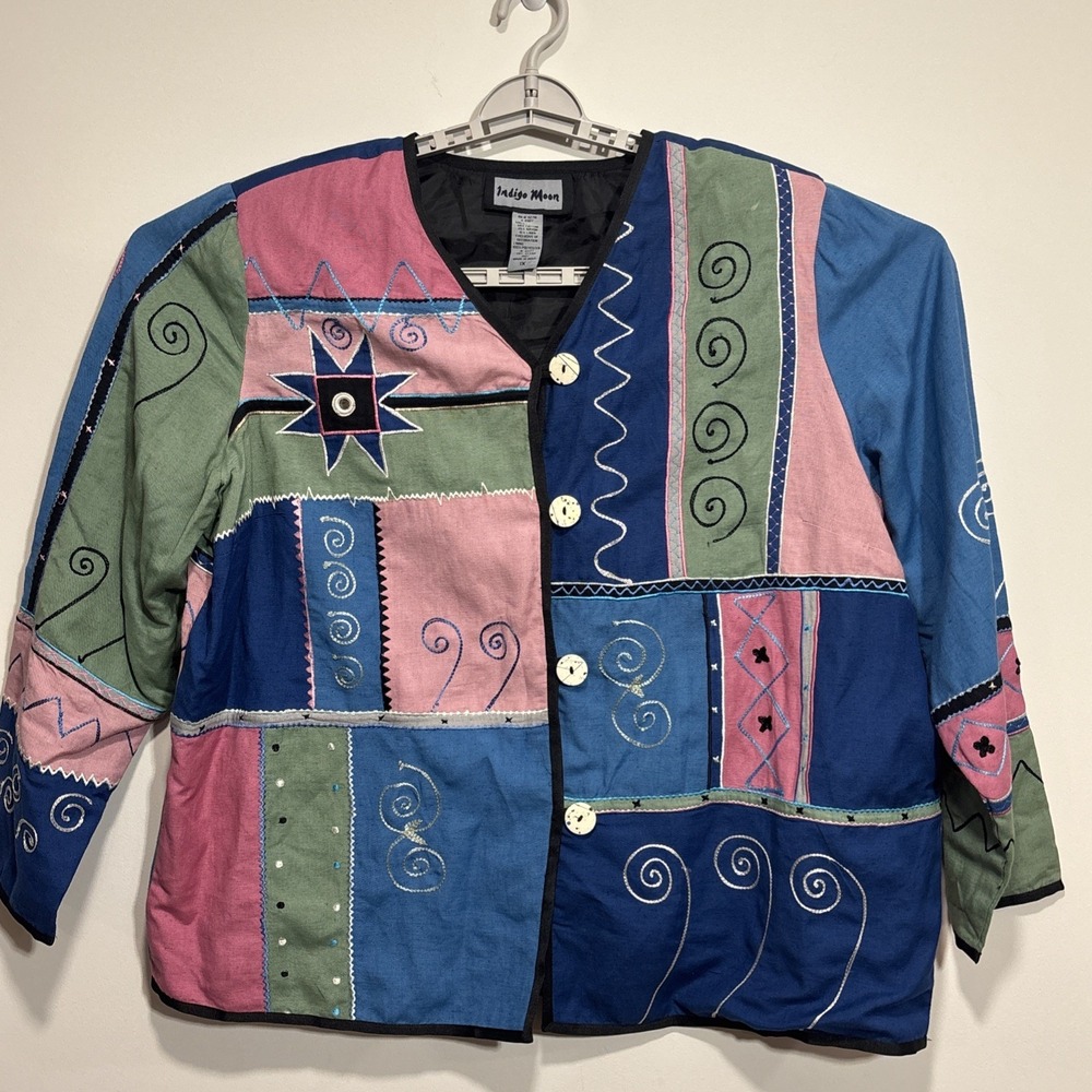 Indigo Moon Vintage Embroidered Patchwork Jacket Size 1X Pink Boho Art To Wear